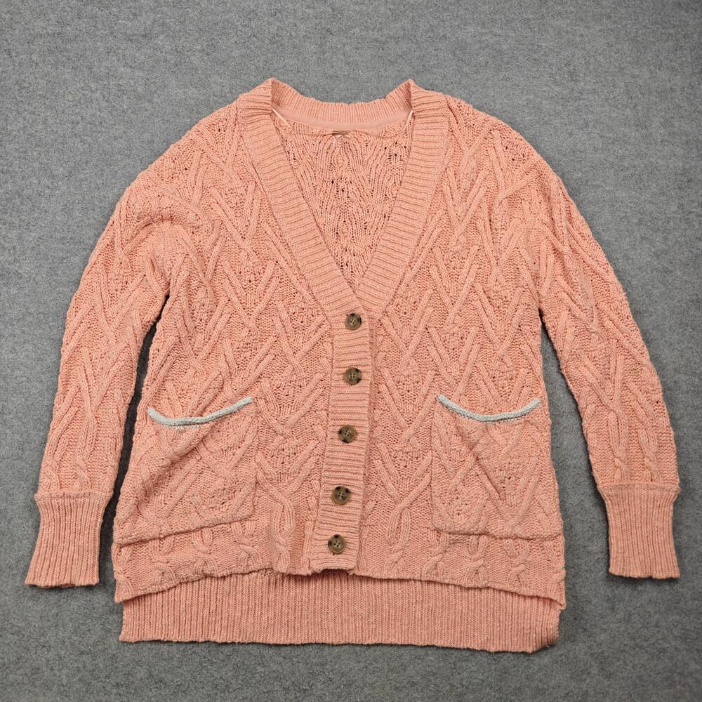 Free People Cardigan Womens Small Pink Cable-Knit V-Neck Button Pockets